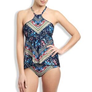 Lucky Brand Halter Tankini Bikini Swim Suit Geometric Floral Red Blue Swim Small